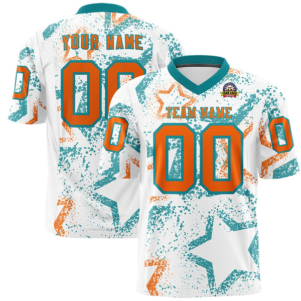 Custom White Aqua-Orange Personalized Star Graffiti Pattern Football Jersey | BuyFootballJersey