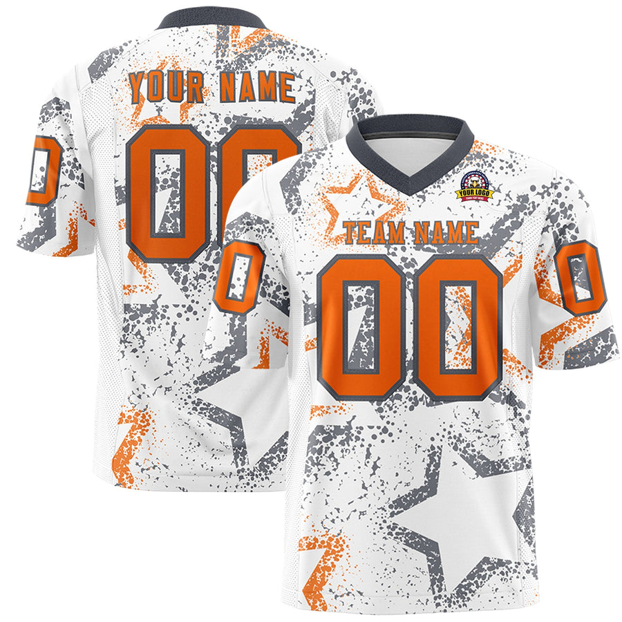 Custom White Dark Gray-Orange Personalized Star Graffiti Pattern Football Jersey | BuyFootballJersey