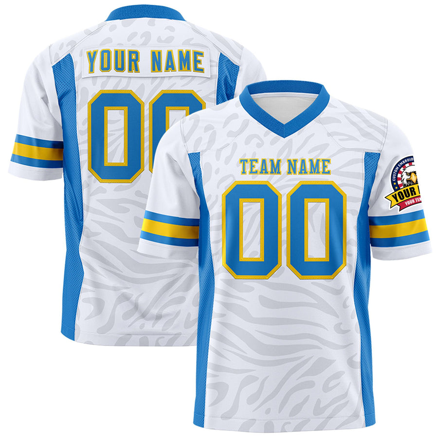 Custom White Powder Blue-Gold Personalized Zebra Stripes Pattern Football Jersey | BuyFootballJersey