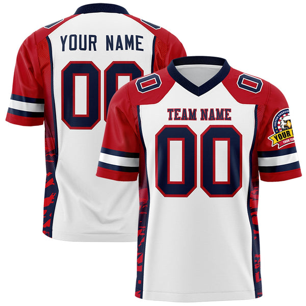 Custom White Red-Navy Raglan Sleeves Personalized Side Pattern Football Jersey | BuyFootballJersey