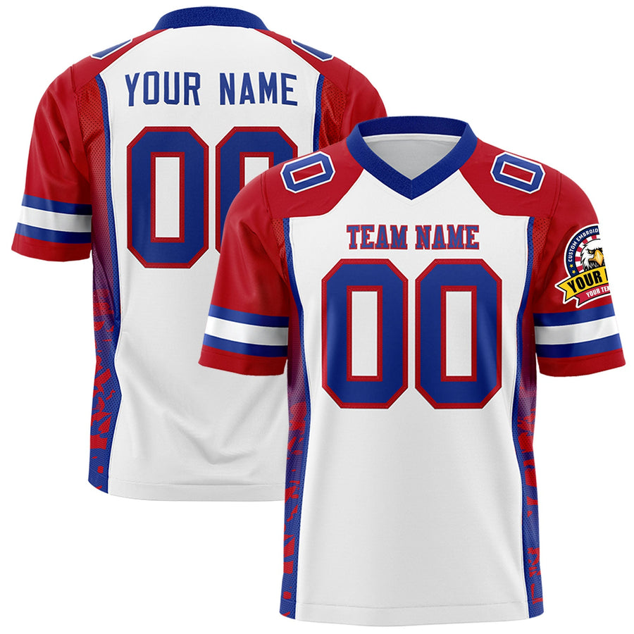 Custom White Red-Royal Raglan Sleeves Personalized Side Pattern Football Jersey | BuyFootballJersey