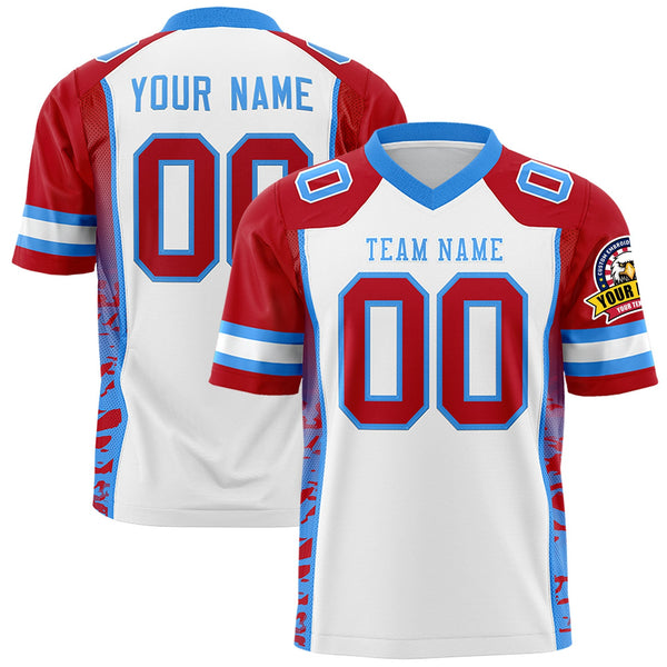 Custom White Red-Powder Blue Raglan Sleeves Personalized Side Pattern Football Jersey | BuyFootballJersey