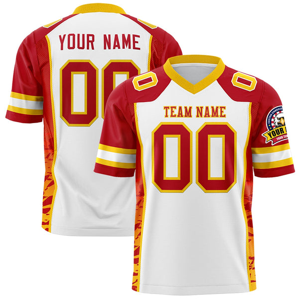 Custom White Red-Gold Raglan Sleeves Personalized Side Pattern Football Jersey | BuyFootballJersey