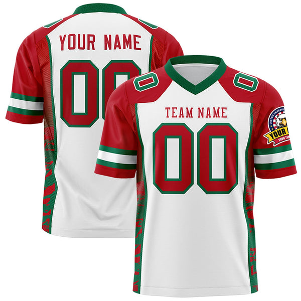 Custom White Red-Kelly Green Raglan Sleeves Personalized Side Pattern Football Jersey | BuyFootballJersey