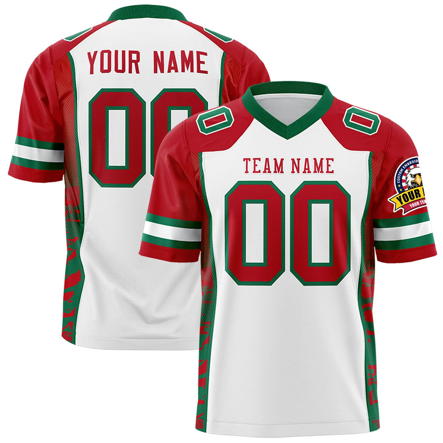 Custom White Red-Kelly Green Raglan Sleeves Personalized Side Pattern Football Jersey | BuyFootballJersey