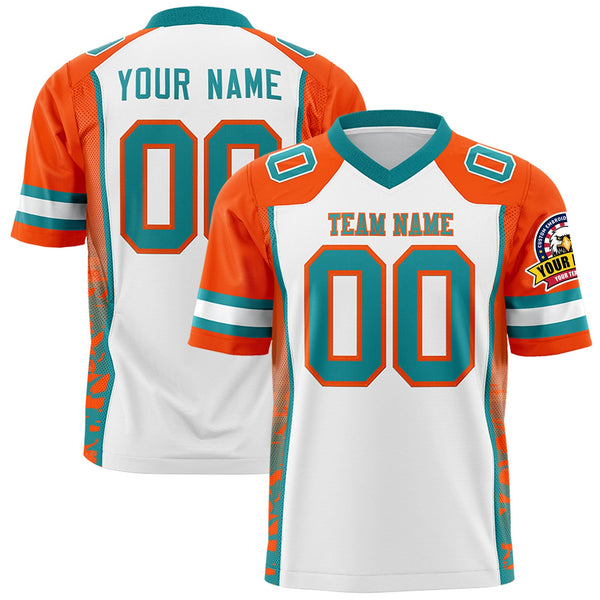 Custom White Orange-Aqua Raglan Sleeves Personalized Side Pattern Football Jersey | BuyFootballJersey