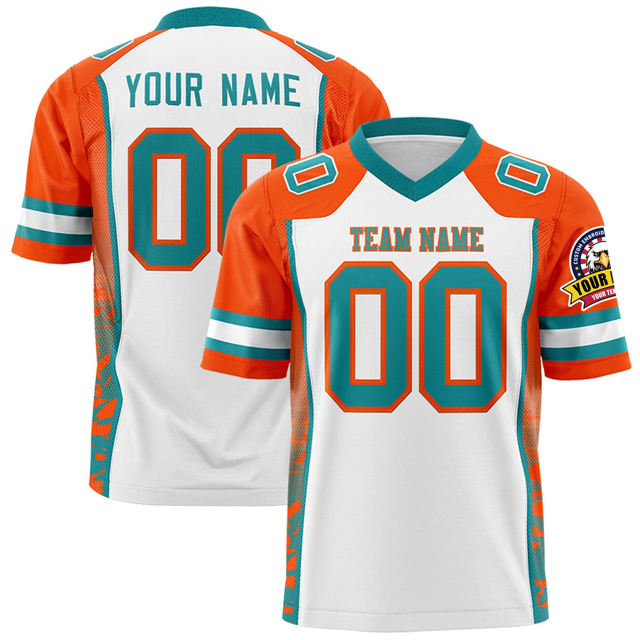 Custom White Orange-Aqua Raglan Sleeves Personalized Side Pattern Football Jersey | BuyFootballJersey
