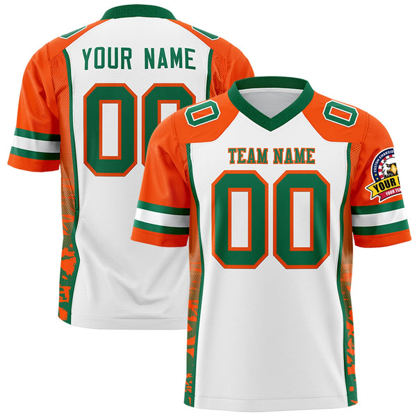 Custom White Orange-Kelly Green Raglan Sleeves Personalized Side Pattern Football Jersey | BuyFootballJersey