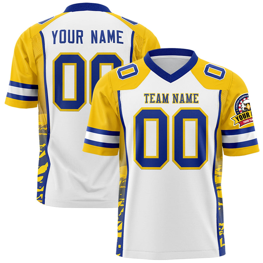 Custom White Gold-Royal Raglan Sleeves Personalized Side Pattern Football Jersey | BuyFootballJersey