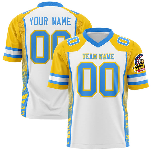 Custom White Gold-Powder Blue Raglan Sleeves Personalized Side Pattern Football Jersey | BuyFootballJersey