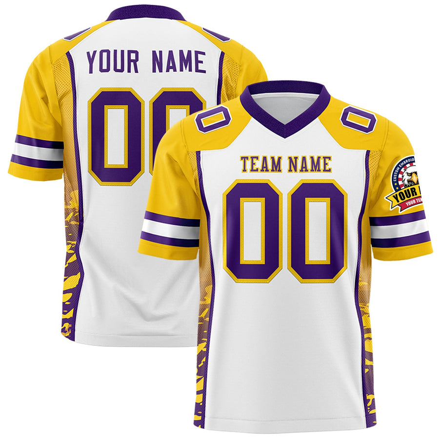 Custom White Gold-Purple Raglan Sleeves Personalized Side Pattern Football Jersey | BuyFootballJersey