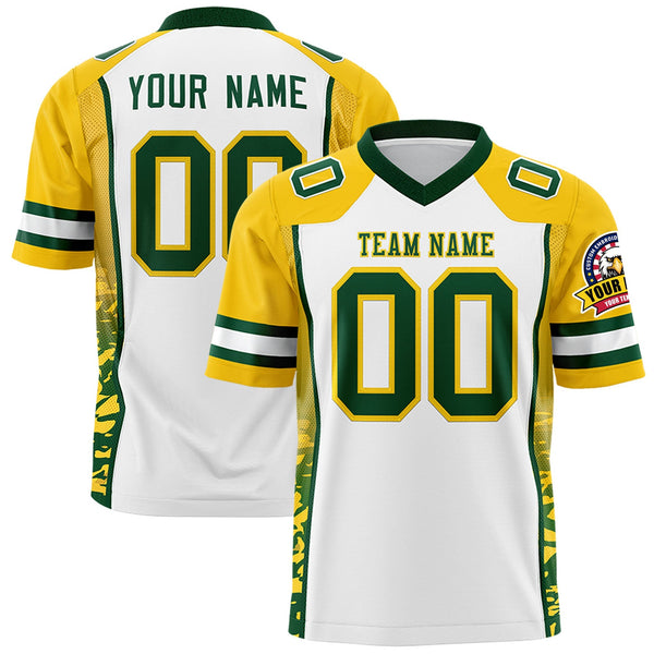 Custom White Gold-Green Raglan Sleeves Personalized Side Pattern Football Jersey | BuyFootballJersey