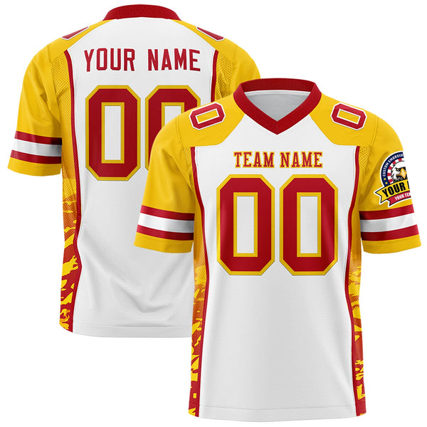 Custom White Gold-Red Raglan Sleeves Personalized Side Pattern Football Jersey | BuyFootballJersey