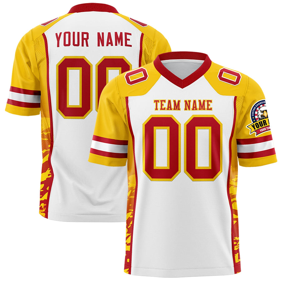 Custom White Gold-Red Raglan Sleeves Personalized Side Pattern Football Jersey | BuyFootballJersey