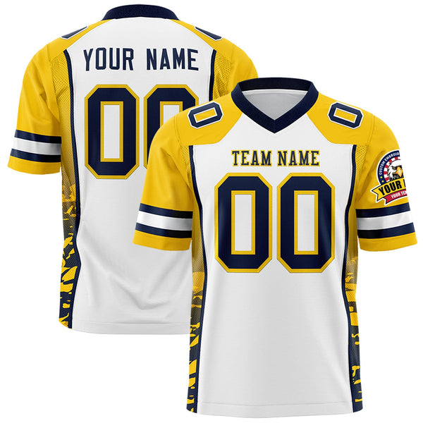 Custom White Gold-Navy Raglan Sleeves Personalized Side Pattern Football Jersey | BuyFootballJersey