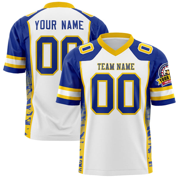 Custom White Royal-Gold Raglan Sleeves Personalized Side Pattern Football Jersey | BuyFootballJersey