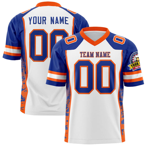 Custom White Royal-Orange Raglan Sleeves Personalized Side Pattern Football Jersey | BuyFootballJersey