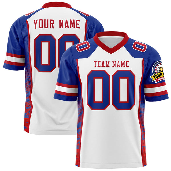Custom White Royal-Red Raglan Sleeves Personalized Side Pattern Football Jersey | BuyFootballJersey