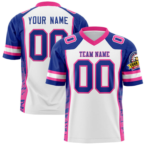 Custom White Royal-Pink Raglan Sleeves Personalized Side Pattern Football Jersey | BuyFootballJersey