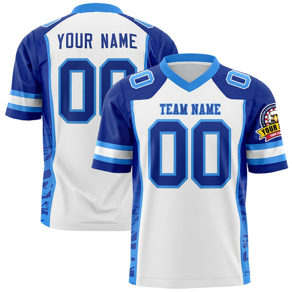 Custom White Royal-Powder Blue Raglan Sleeves Personalized Side Pattern Football Jersey | BuyFootballJersey