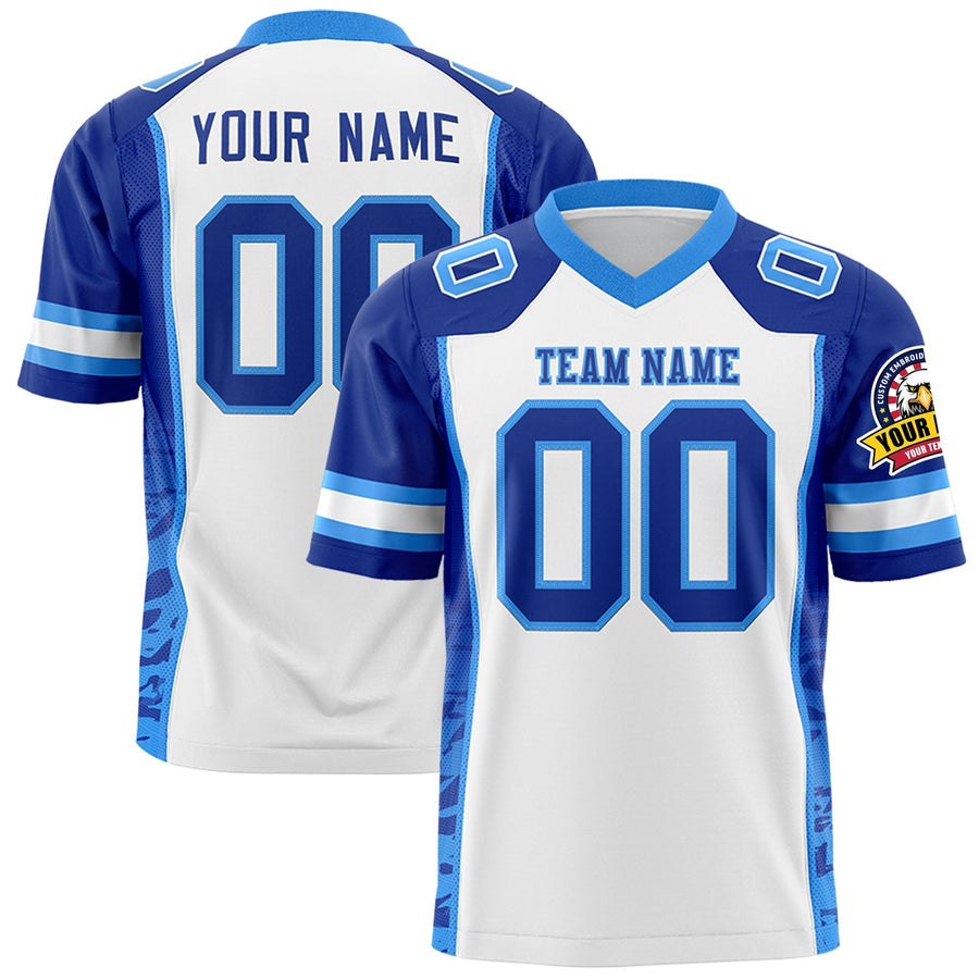 Custom White Royal-Powder Blue Raglan Sleeves Personalized Side Pattern Football Jersey | BuyFootballJersey