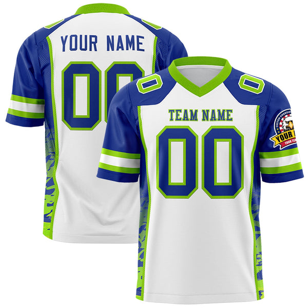 Custom White Royal-Neon Green Raglan Sleeves Personalized Side Pattern Football Jersey | BuyFootballJersey