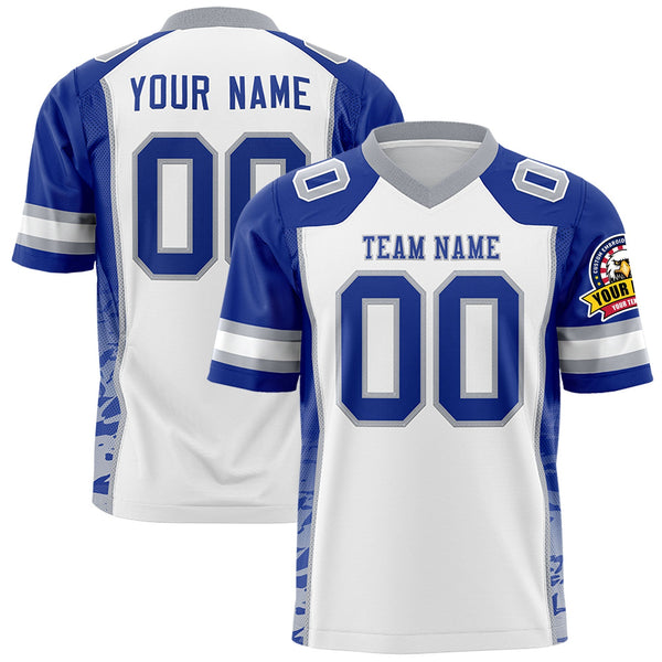 Custom White Royal-Gray Raglan Sleeves Personalized Side Pattern Football Jersey | BuyFootballJersey