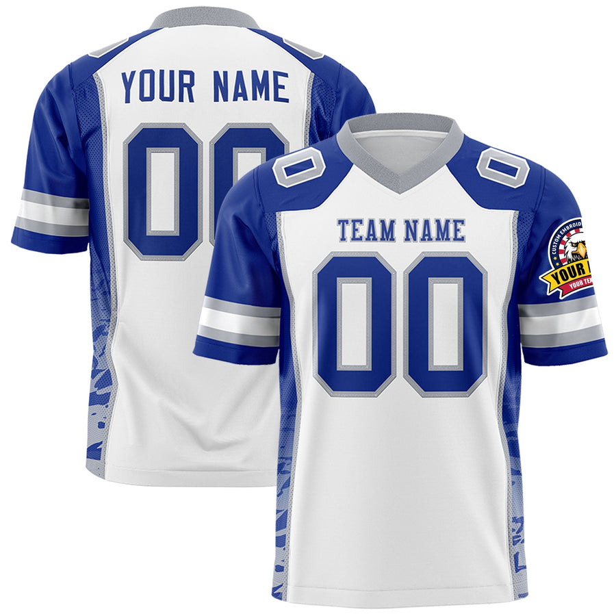 Custom White Royal-Gray Raglan Sleeves Personalized Side Pattern Football Jersey | BuyFootballJersey