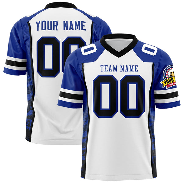 Custom White Royal-Black Raglan Sleeves Personalized Side Pattern Football Jersey | BuyFootballJersey