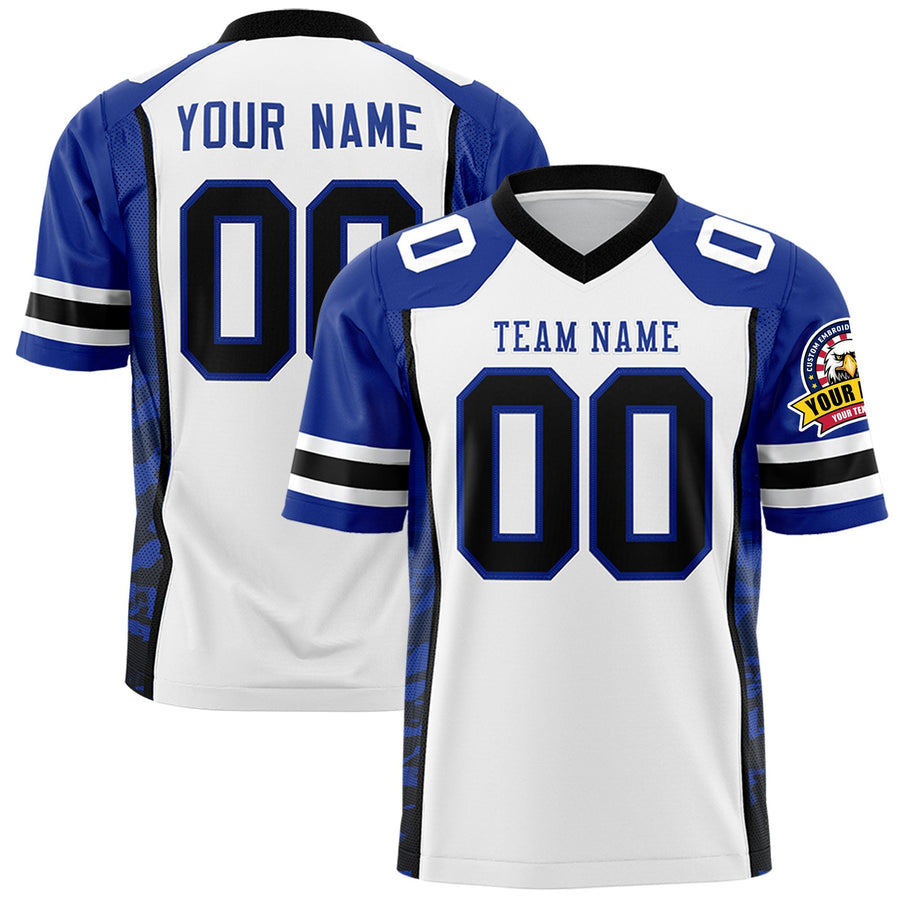 Custom White Royal-Black Raglan Sleeves Personalized Side Pattern Football Jersey | BuyFootballJersey