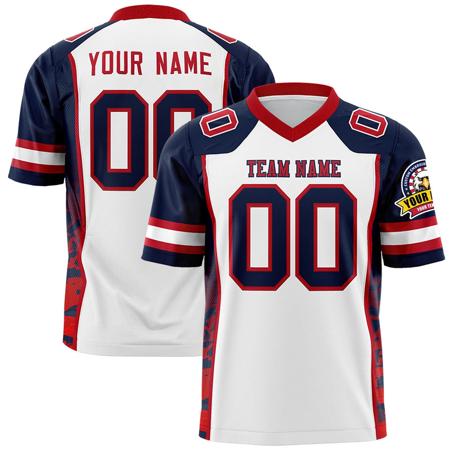 Custom White Navy-Red Raglan Sleeves Personalized Side Pattern Football Jersey | BuyFootballJersey