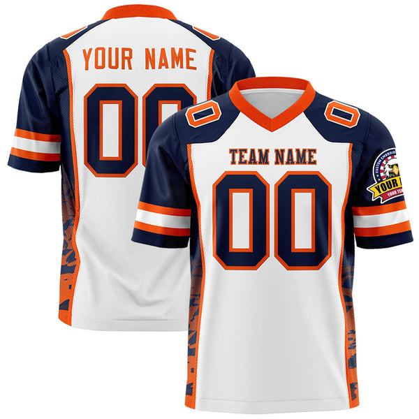 Custom White Navy-Orange Raglan Sleeves Personalized Side Pattern Football Jersey | BuyFootballJersey