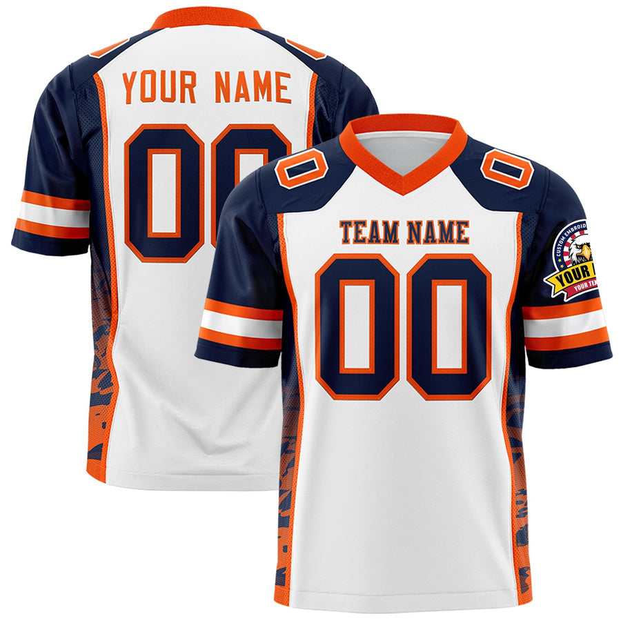 Custom White Navy-Orange Raglan Sleeves Personalized Side Pattern Football Jersey | BuyFootballJersey