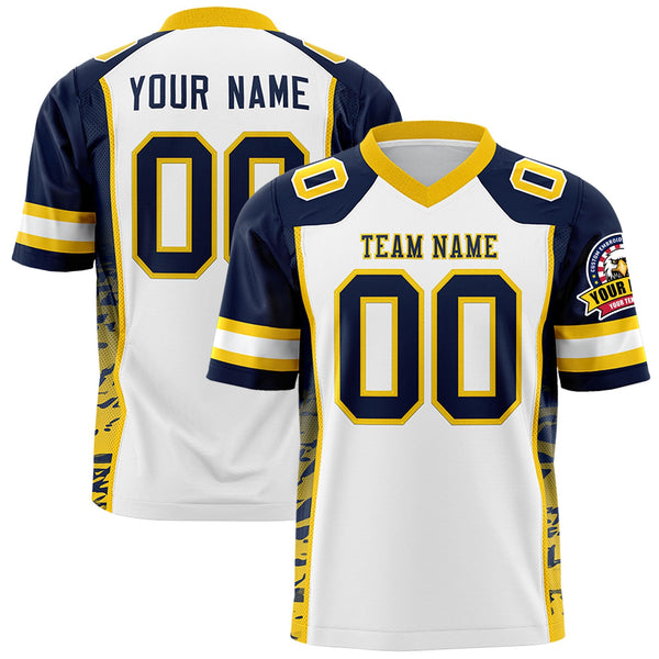 Custom White Navy-Gold Raglan Sleeves Personalized Side Pattern Football Jersey | BuyFootballJersey