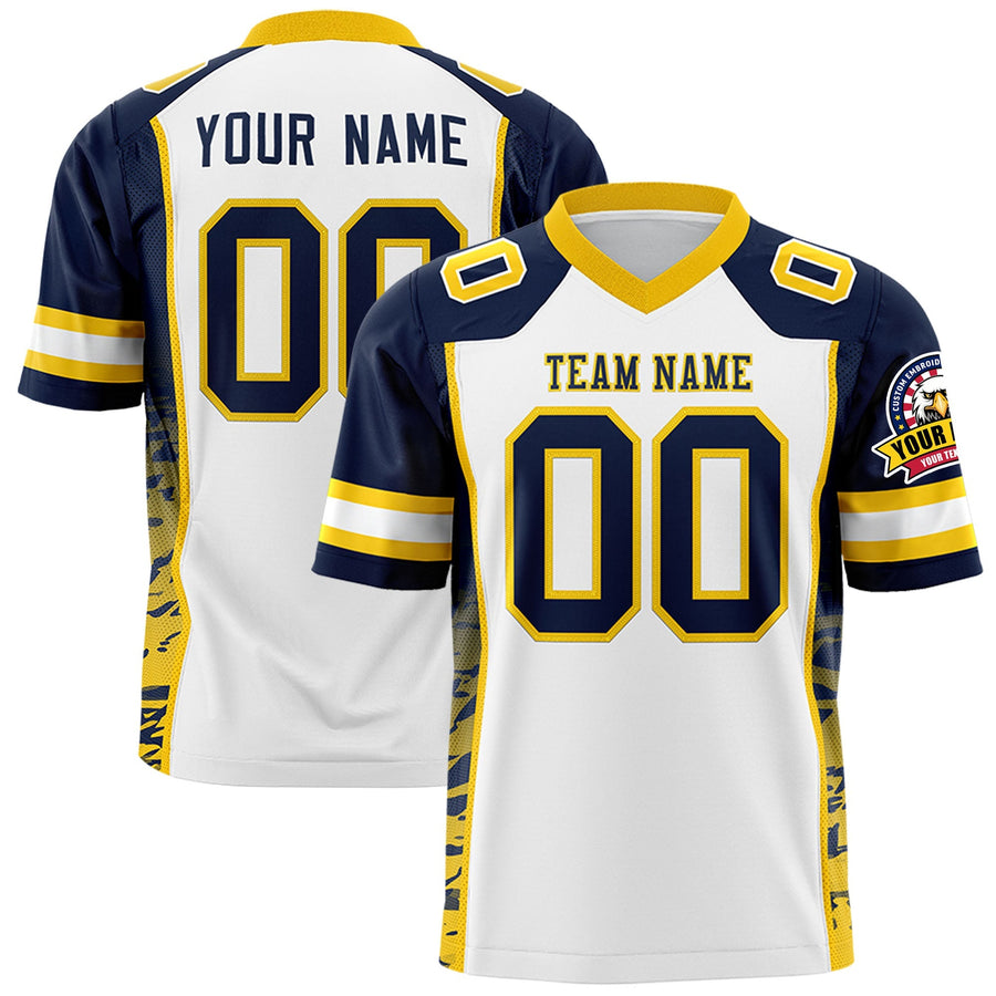 Custom White Navy-Gold Raglan Sleeves Personalized Side Pattern Football Jersey | BuyFootballJersey