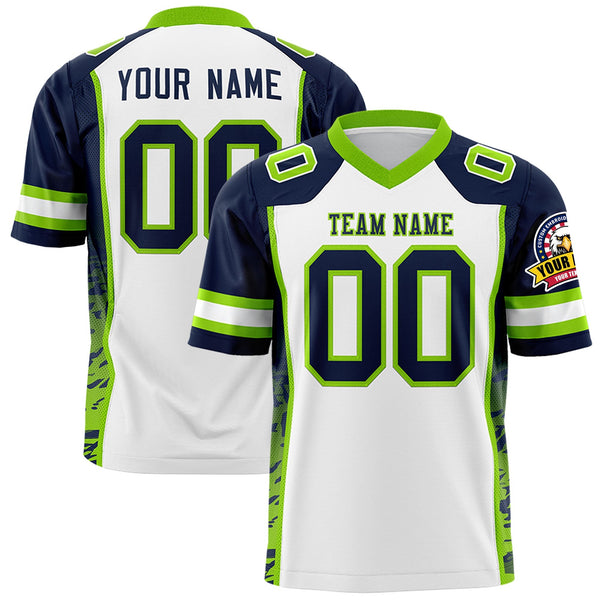 Custom White Navy-Neon Green Raglan Sleeves Personalized Side Pattern Football Jersey | BuyFootballJersey