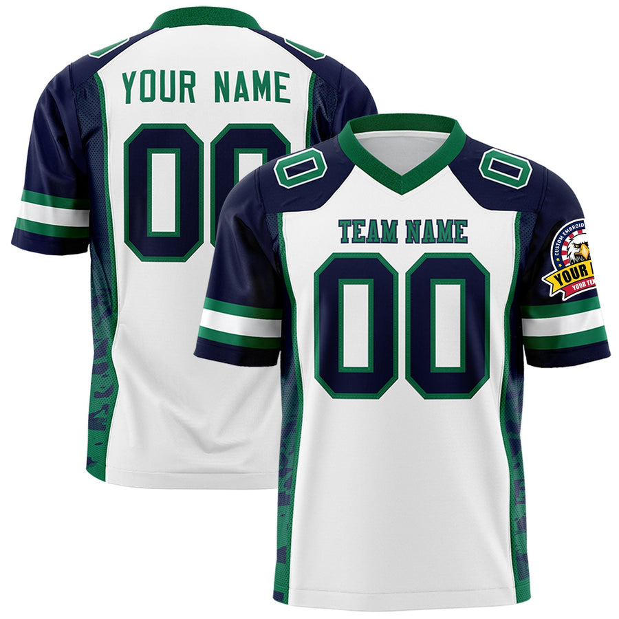 Custom White Navy-Kelly Green Raglan Sleeves Personalized Side Pattern Football Jersey | BuyFootballJersey