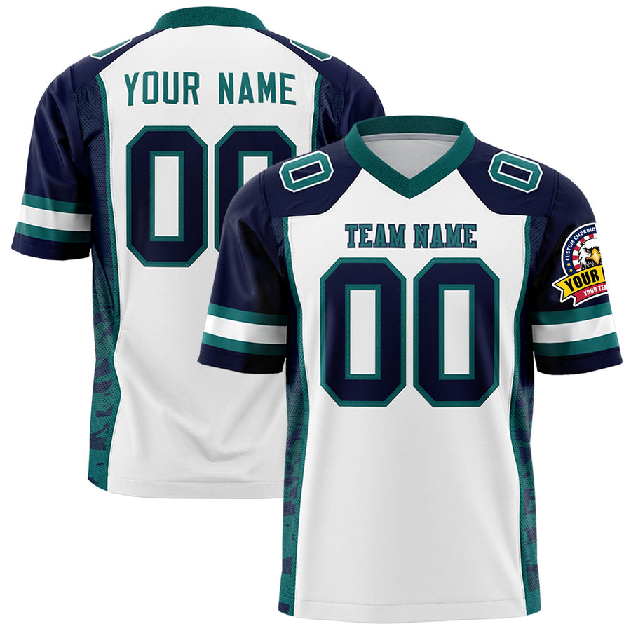 Custom White Navy-Aqua Raglan Sleeves Personalized Side Pattern Football Jersey | BuyFootballJersey