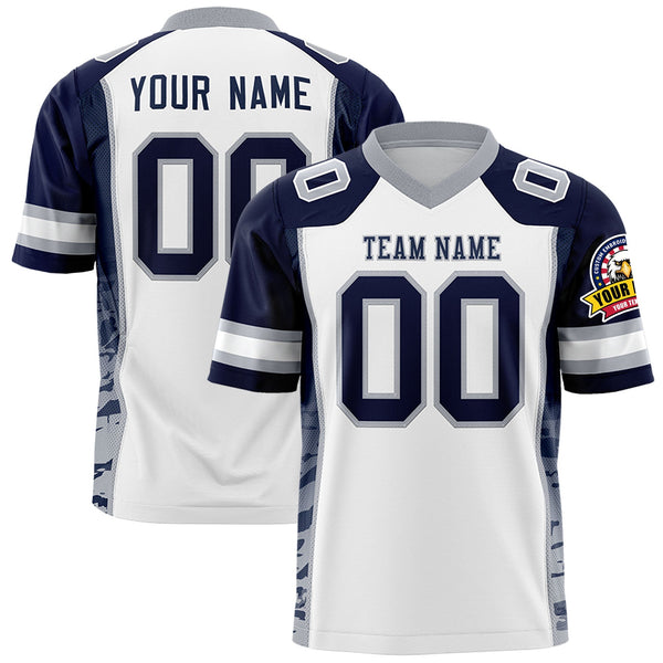 Custom White Navy-Gray Raglan Sleeves Personalized Side Pattern Football Jersey | BuyFootballJersey