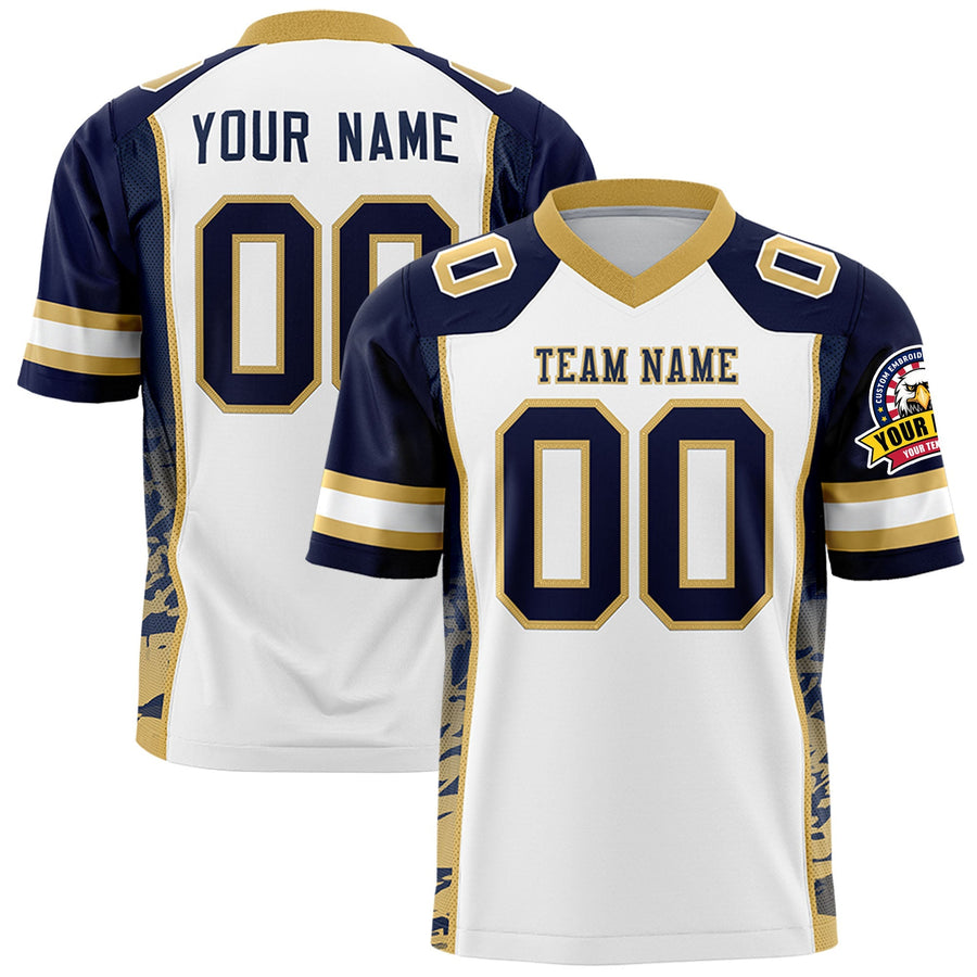 Custom White Navy-Old Gold Raglan Sleeves Personalized Side Pattern Football Jersey | BuyFootballJersey