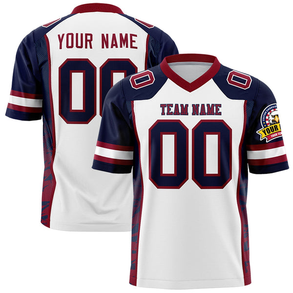 Custom White Navy-Crimson Raglan Sleeves Personalized Side Pattern Football Jersey | BuyFootballJersey