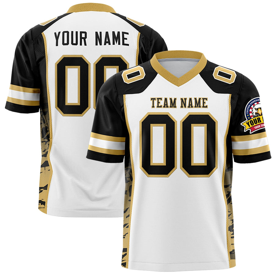 Custom White Black-Old Gold Raglan Sleeves Personalized Side Pattern Football Jersey | BuyFootballJersey