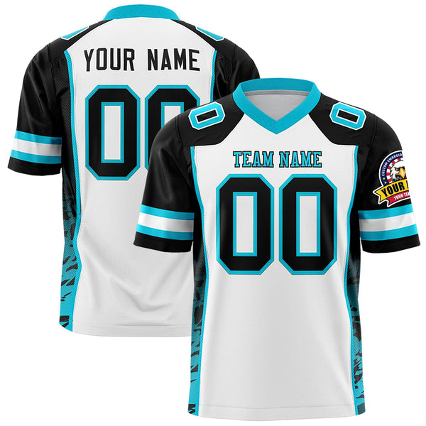 Custom White Black-Sky Blue Raglan Sleeves Personalized Side Pattern Football Jersey | BuyFootballJersey