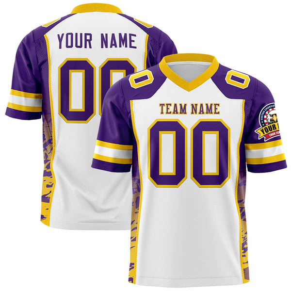 Custom White Purple-Gold Raglan Sleeves Personalized Side Pattern Football Jersey | BuyFootballJersey