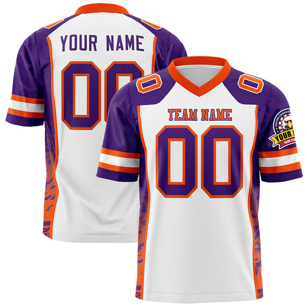 Custom White Purple-Orange Raglan Sleeves Personalized Side Pattern Football Jersey | BuyFootballJersey
