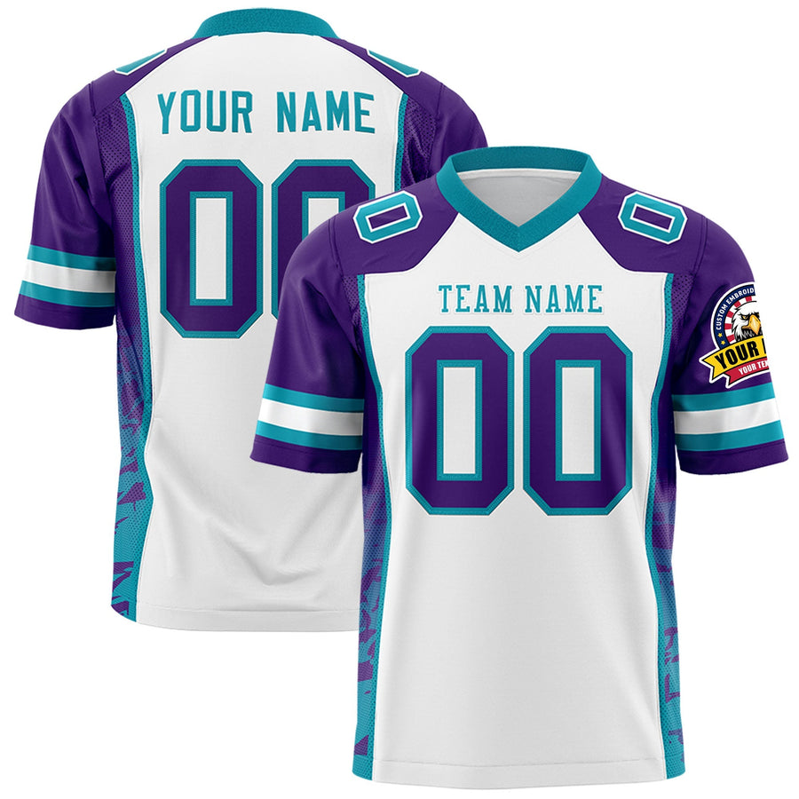 Custom White Purple-Teal Raglan Sleeves Personalized Side Pattern Football Jersey | BuyFootballJersey
