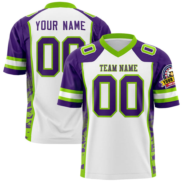 Custom White Purple-Neon Green Raglan Sleeves Personalized Side Pattern Football Jersey | BuyFootballJersey