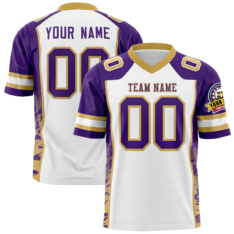 Custom White Purple-Old Gold Raglan Sleeves Personalized Side Pattern Football Jersey | BuyFootballJersey