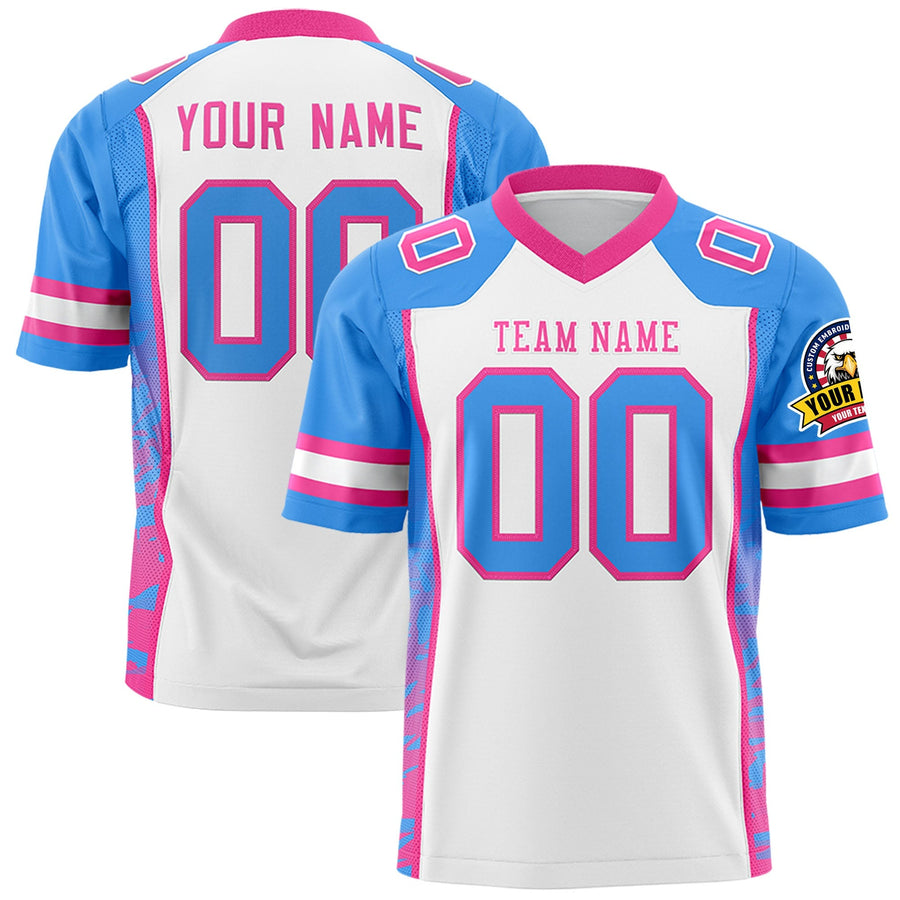 Custom White Powder Blue-Pink Raglan Sleeves Personalized Side Pattern Football Jersey | BuyFootballJersey