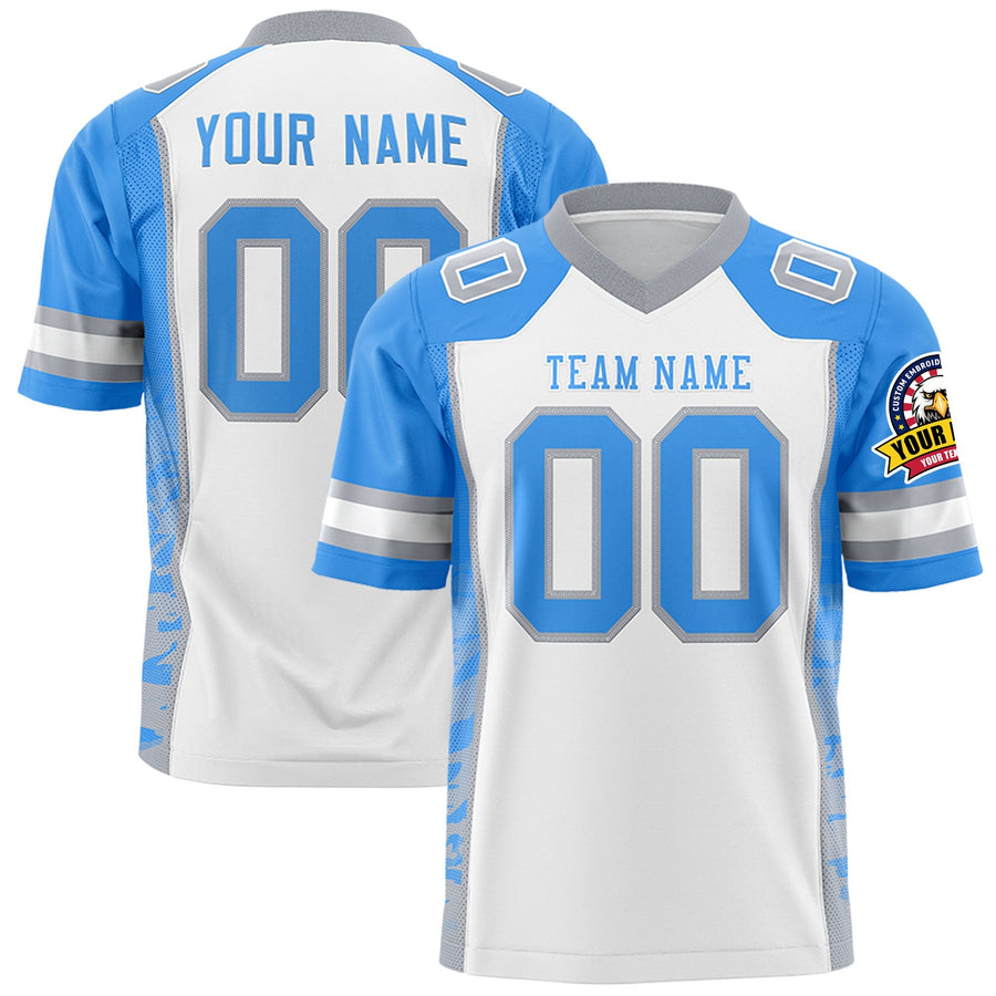 Custom White Powder Blue-Gray Raglan Sleeves Personalized Side Pattern Football Jersey | BuyFootballJersey